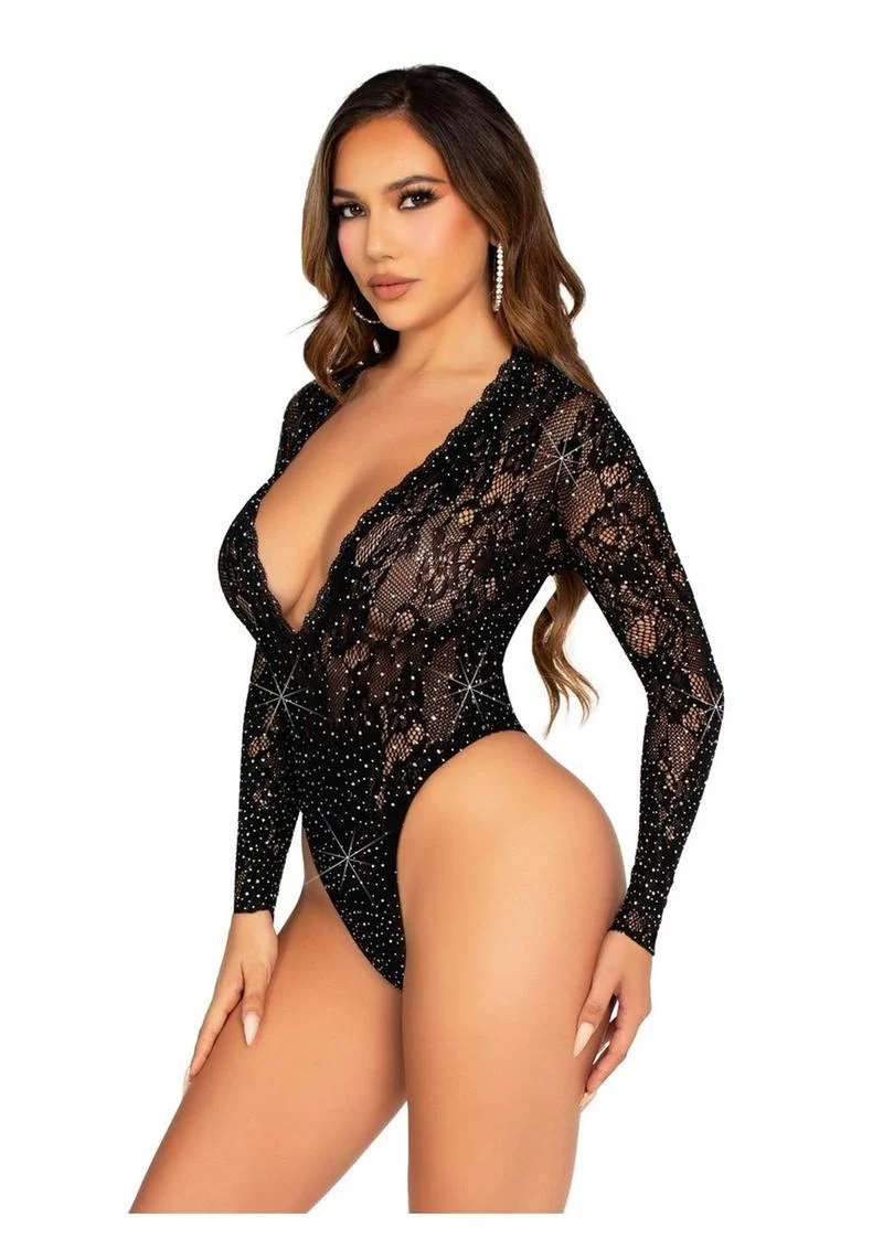 Leg Avenue Rhinestone Lace Deep-V High Cut Bodysuit - Image 2