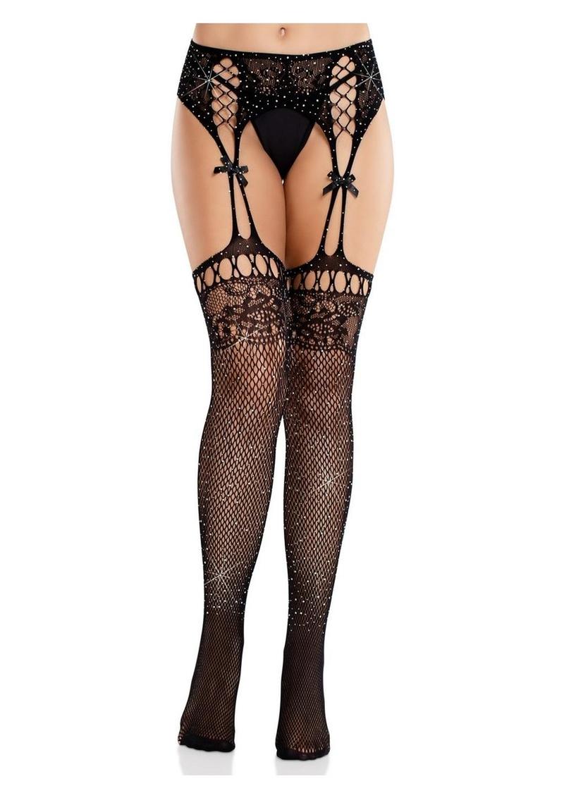 Leg Avenue Rhinestone Lace Top Fishnet Stockings with Attached Garter Belt - Image 4