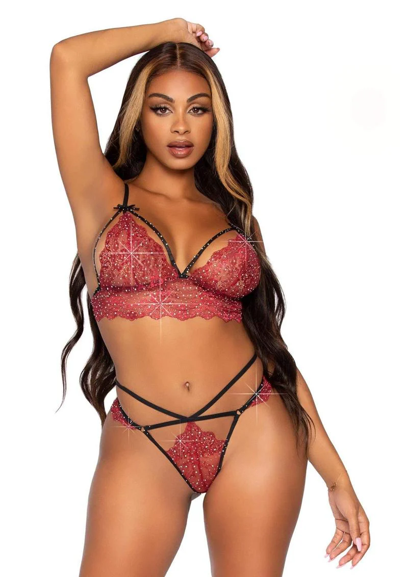 Leg Avenue Scalloped Lace Rhinestone Strappy Bralette with Adjustable Straps, Hook-N-Eye Back and Matching Cut-Out Strappy G-String