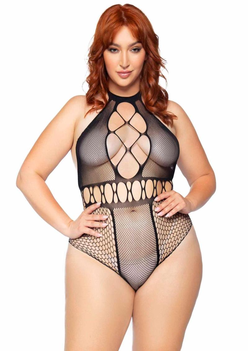Leg Avenue Seamless Multi Net Bodysuit with T-Strap Halter and Cheeky Cut Bottom
