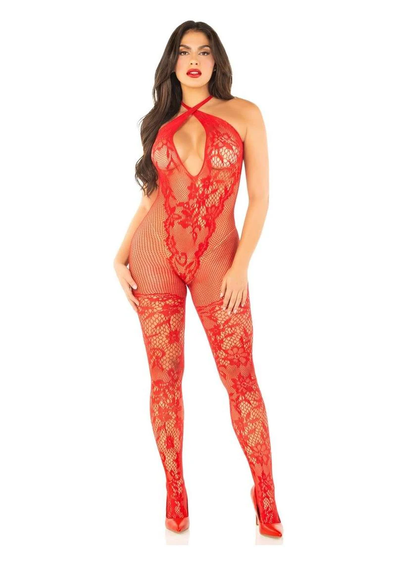 Leg Avenue Seamless Net and Lace Lingerie Jumpsuit with Keyhole Crossover Halter - Image 8