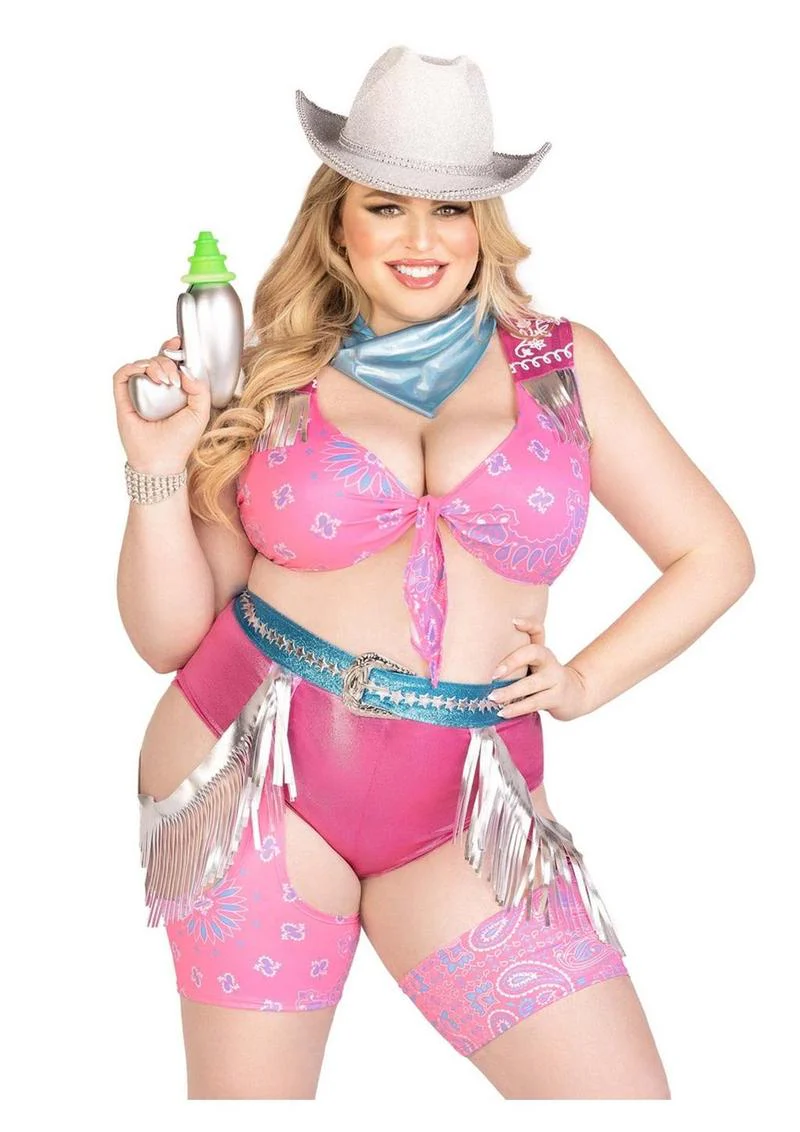 Leg Avenue Space Cowgirl Set Bandana Print Tie Front Crop Top with Fringe Trim, High Waist Bottoms with Attached Chaps, Belt with Fringe Detail, and Neck Bandana (4 Piece) - 1x/2x