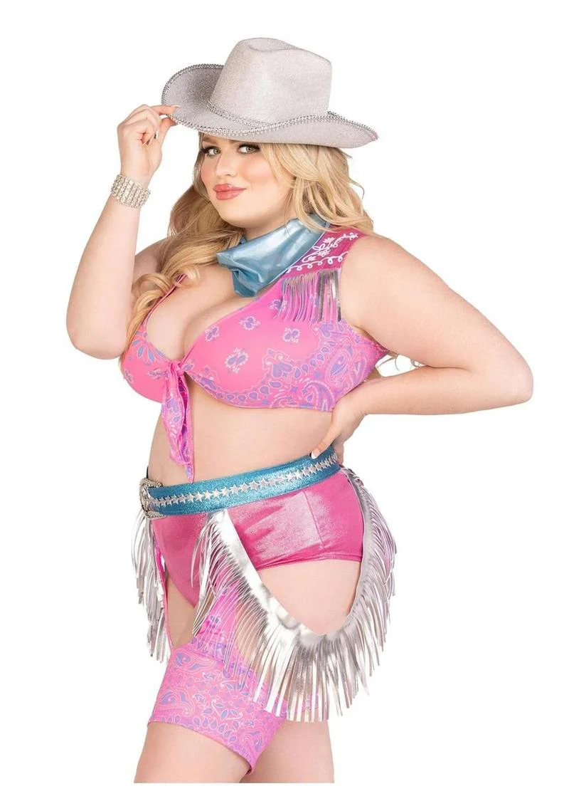 Leg Avenue Space Cowgirl Set Bandana Print Tie Front Crop Top with Fringe Trim, High Waist Bottoms with Attached Chaps, Belt with Fringe Detail, and Neck Bandana (4 Piece) - 1x/2x - Image 2