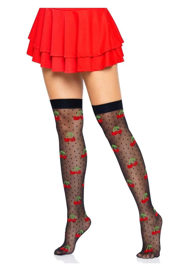 Leg Avenue Spandex Sheer Polka Dot Cherry Thigh Highs - Image 2
