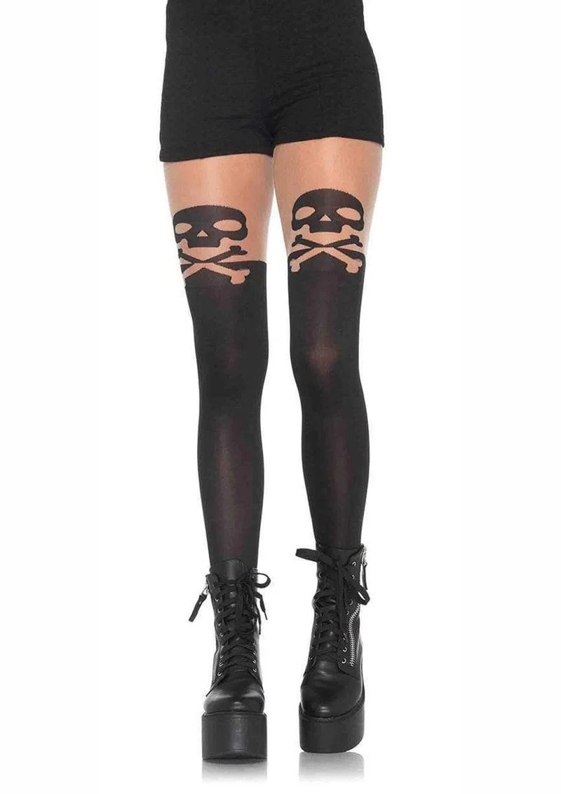 Leg Avenue Spandex Skull and Crossbone Pantyhose with Sheer Thigh Accent