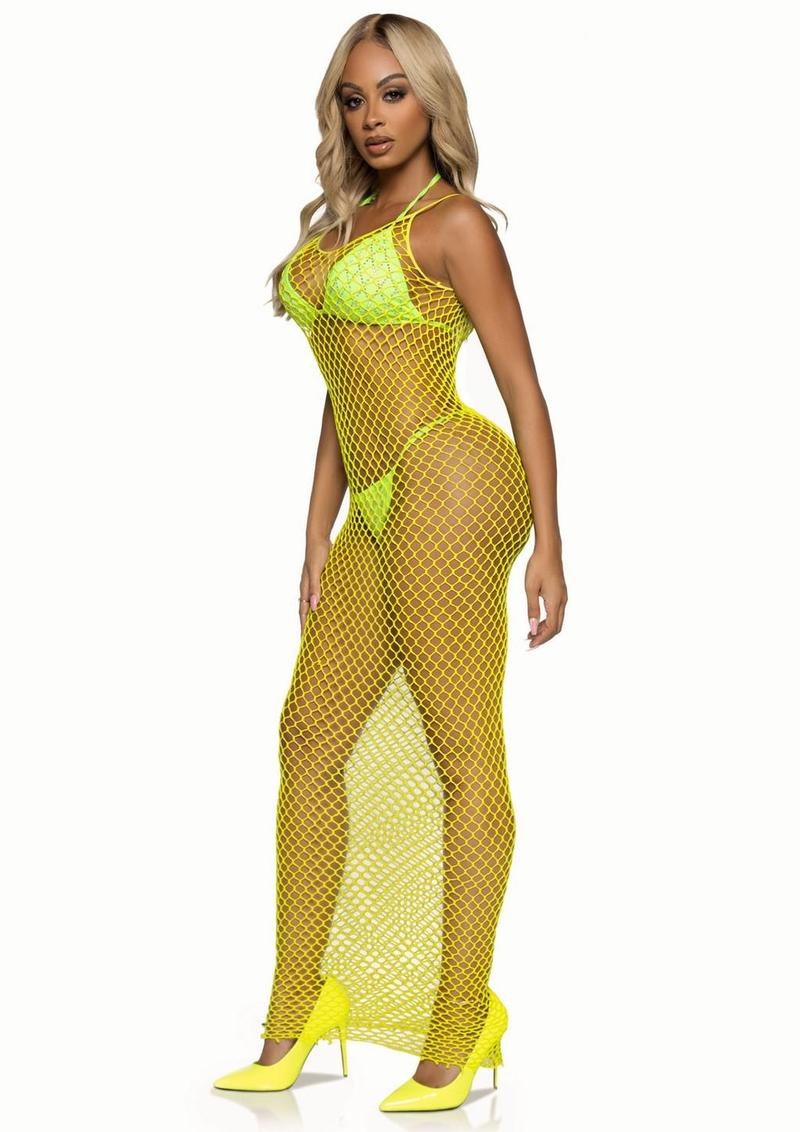 Leg Avenue Woven Twist Net Backless Maxi Dress - One Size - Lemon - Image 3