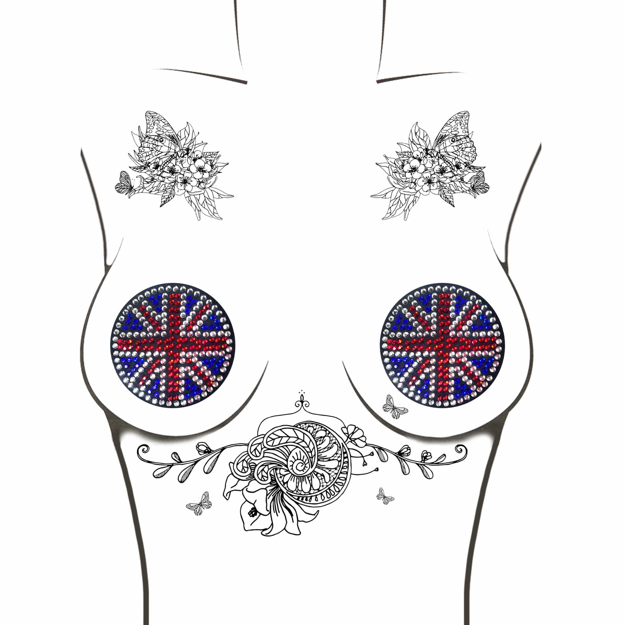 Neva Nude - YEAH BABY! Black Union Jack Crystal Reusable Silicone Nipple Cover Pasties - Image 3