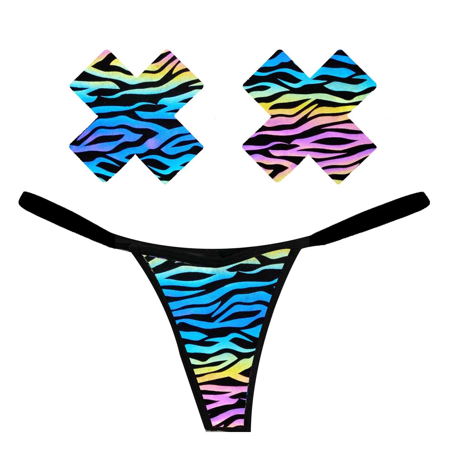 Neva Nude - Zombie Zebra Rainbow Reflective Pastie and Pantie Lingerie Set - Image 2