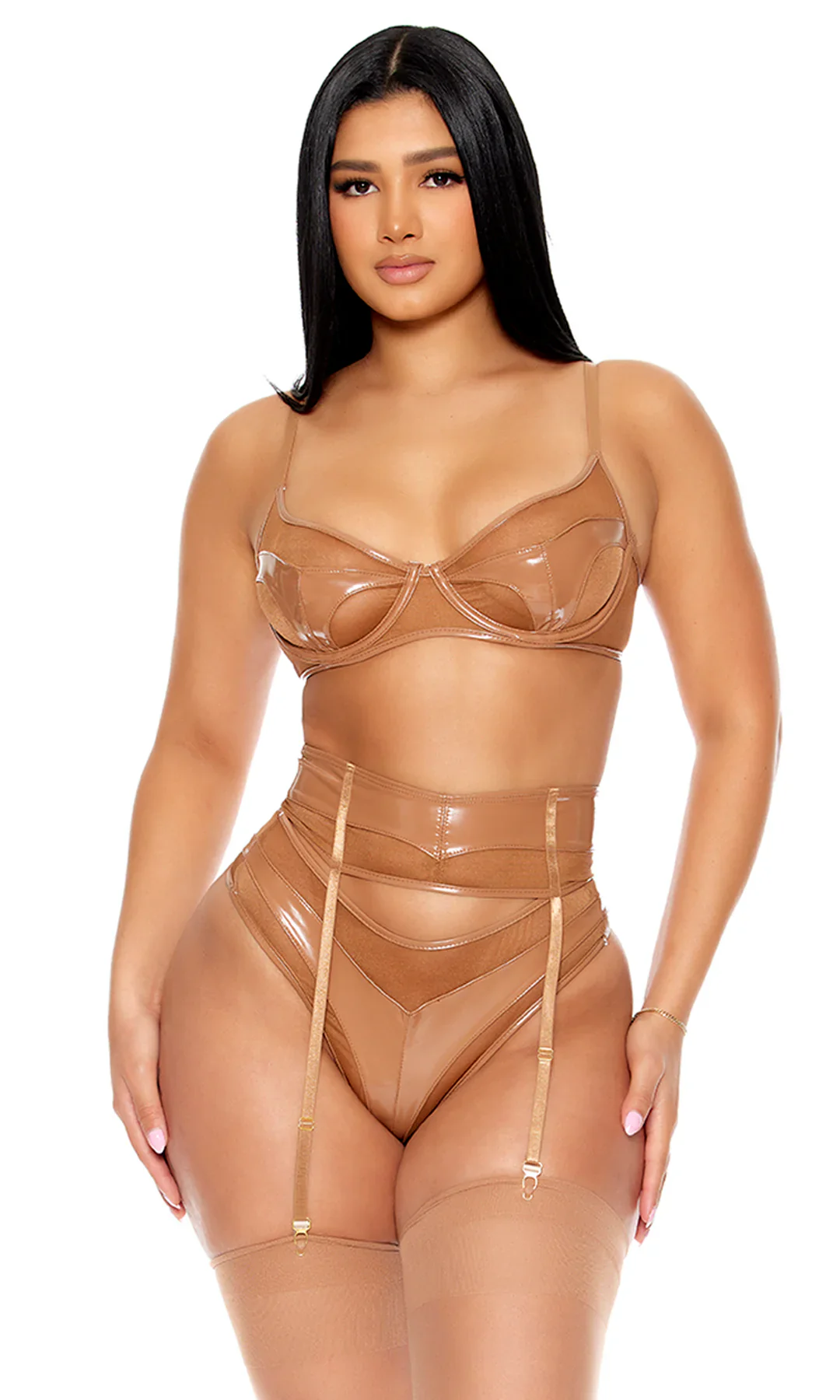 OPPOSITES ATTRACT MESH AND VINYL BRA AND GARTER BELT LINGERIE SET - Image 3