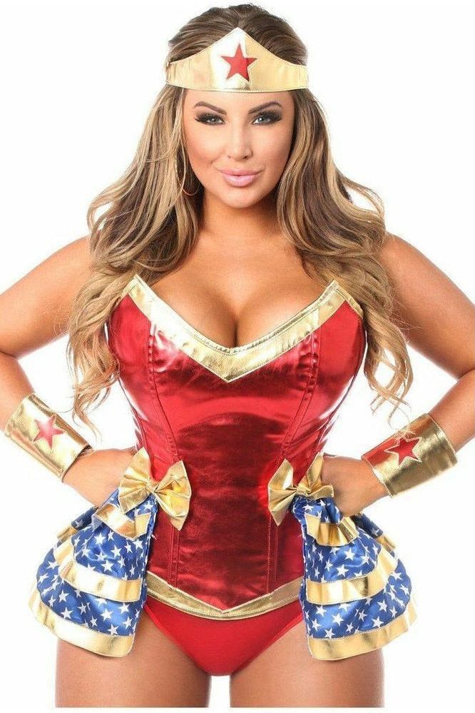 Premium Red Metallic Superhero Corset Costume Set - 4-Piece Deluxe Heroine Outfit - Image 3