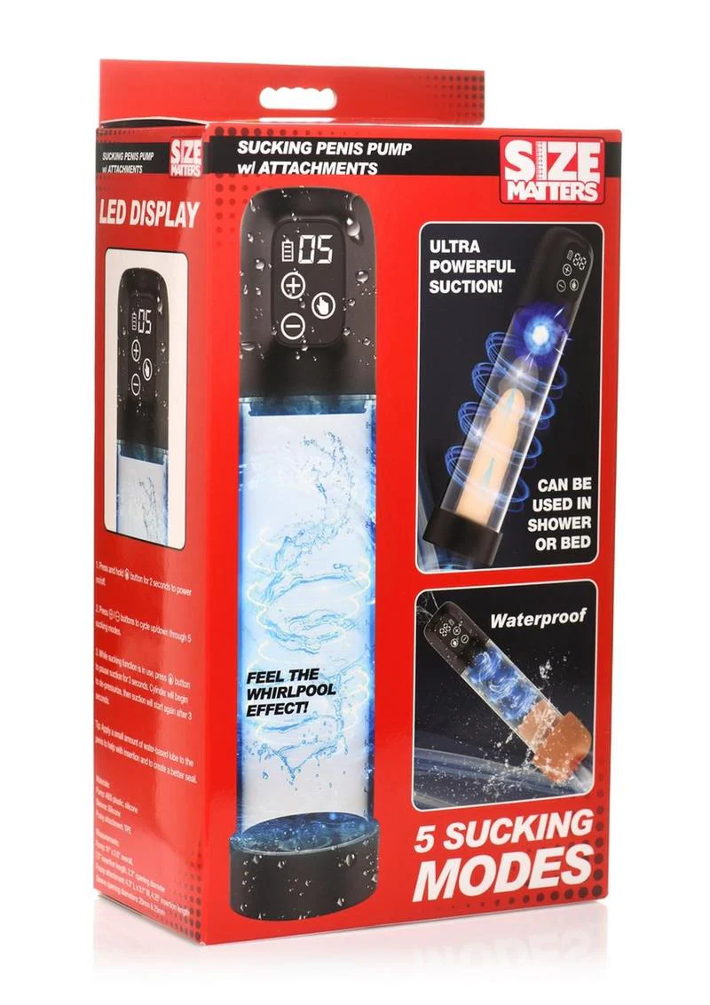 Size Matters 5x Rechargeable Sucking Penis Pump with Attachments - Image 2