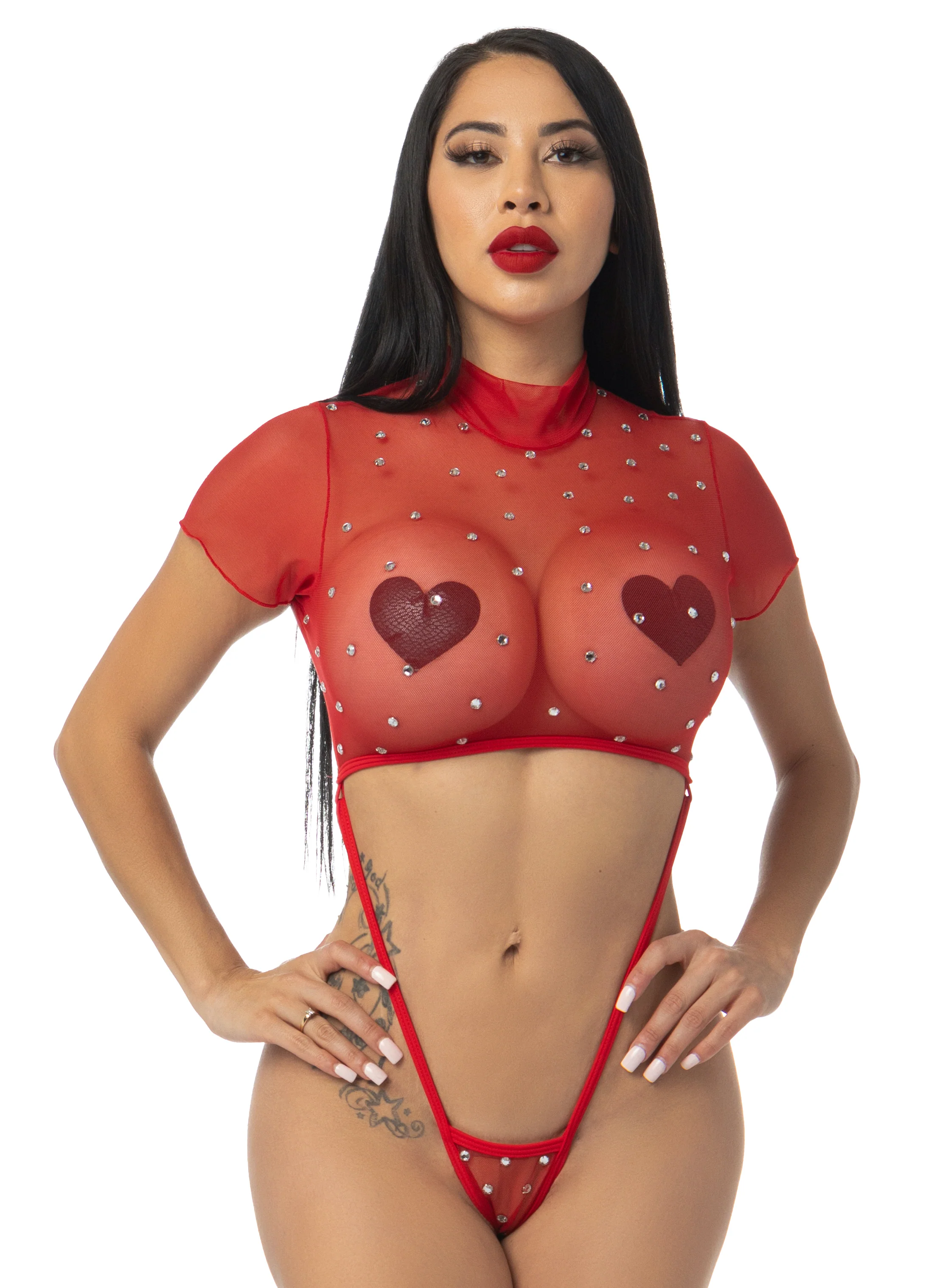 Exclusive Red Slingshot Mesh Romper w/Rhinestones - Image 2