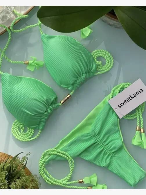 Solid Color Halter Micro Thong Triangle Bikini Set GY02 - Image 3