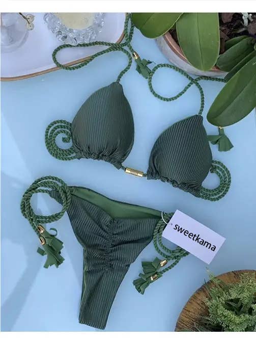 Solid Color Halter Micro Thong Triangle Bikini Set GY02 - Image 4