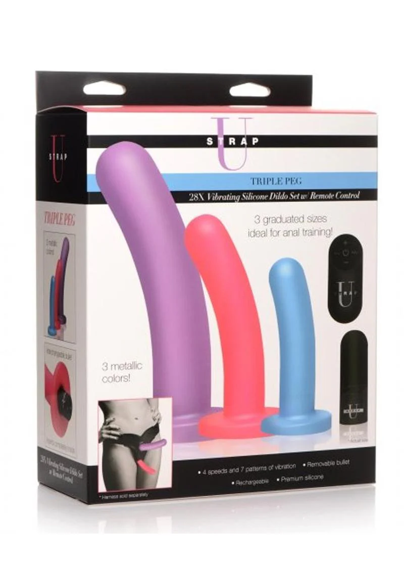 Strap U Triple Peg 28x Vibrating Rechargeable Silicone Dildo Set with Remote Control - Image 2