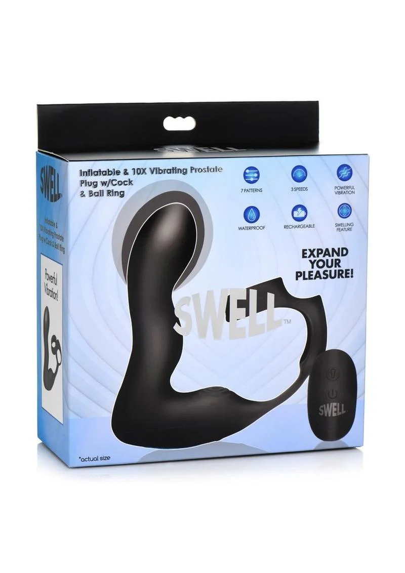 Swell Rechargeable Silicone Inflatable 10x Vibrating Prostate Plug with Cock and Ball Ring and Remote Control - Image 2