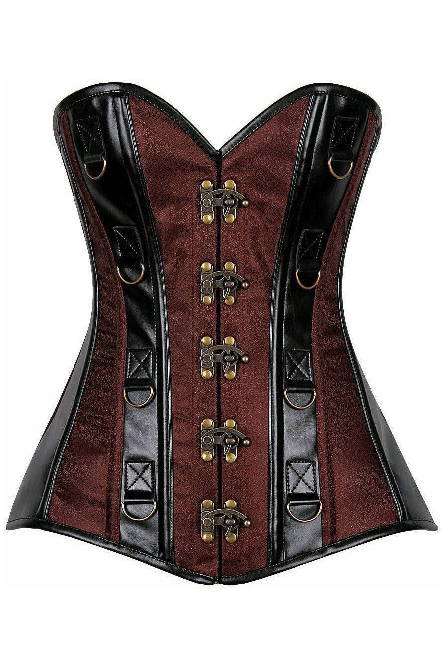 Top Drawer Brown Brocade & Faux Leather Steel Boned Corset - Image 5