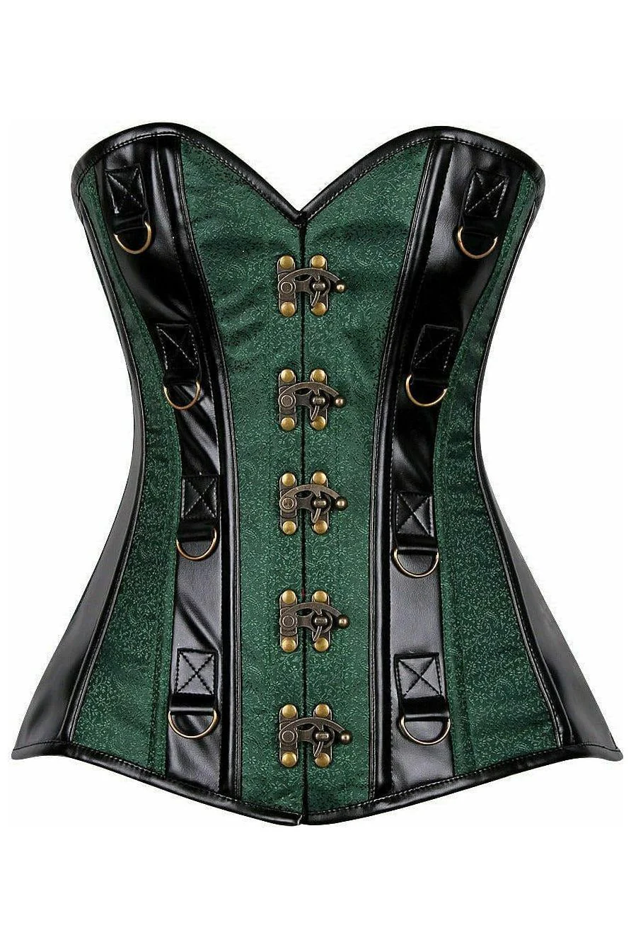 Top Drawer Dark Green Brocade & Faux Leather Steel Boned Corset - Image 5