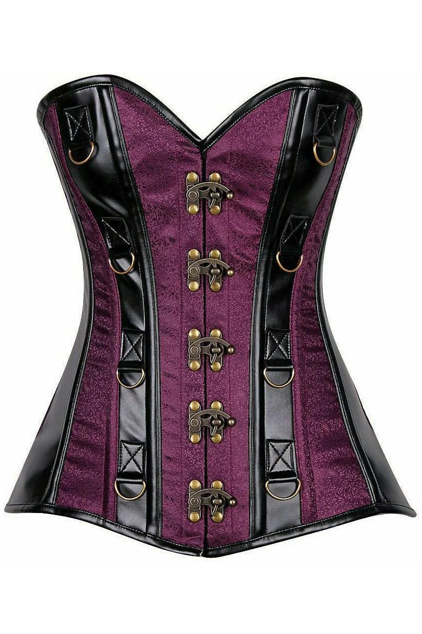 Top Drawer Plum Brocade & Faux Leather Steel Boned Corset - Image 5