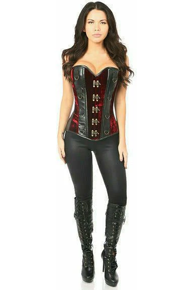 Top Drawer Red Velvet & Faux Leather Steel Boned Corset - Image 3