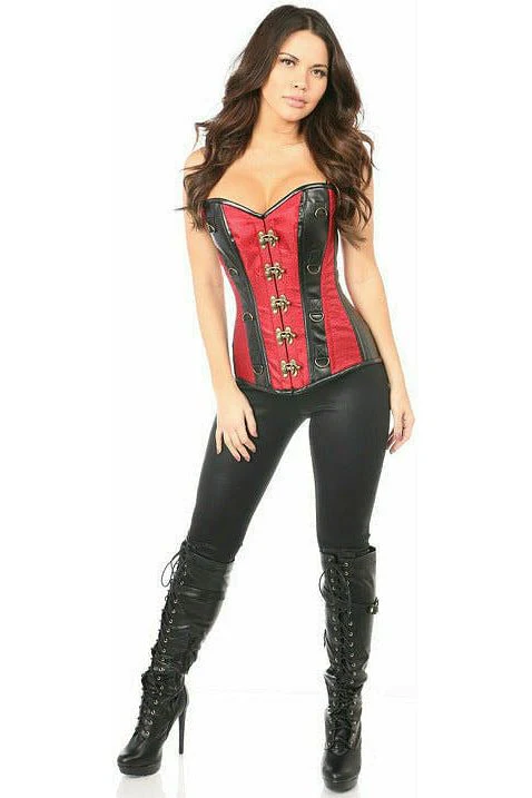 Top Drawer Wine Brocade & Faux Leather Steel Boned Corset - Image 3